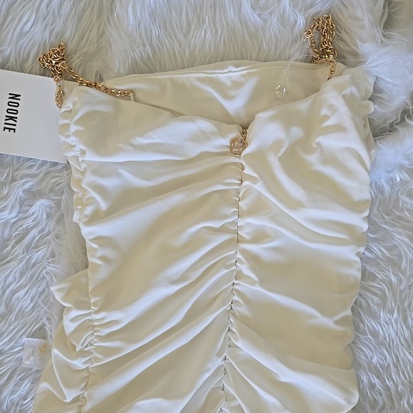 Nookie Tia Midi Dress White Strapless Ruched Gold Chain Cutout‎ Size S - Picture 8 of 9